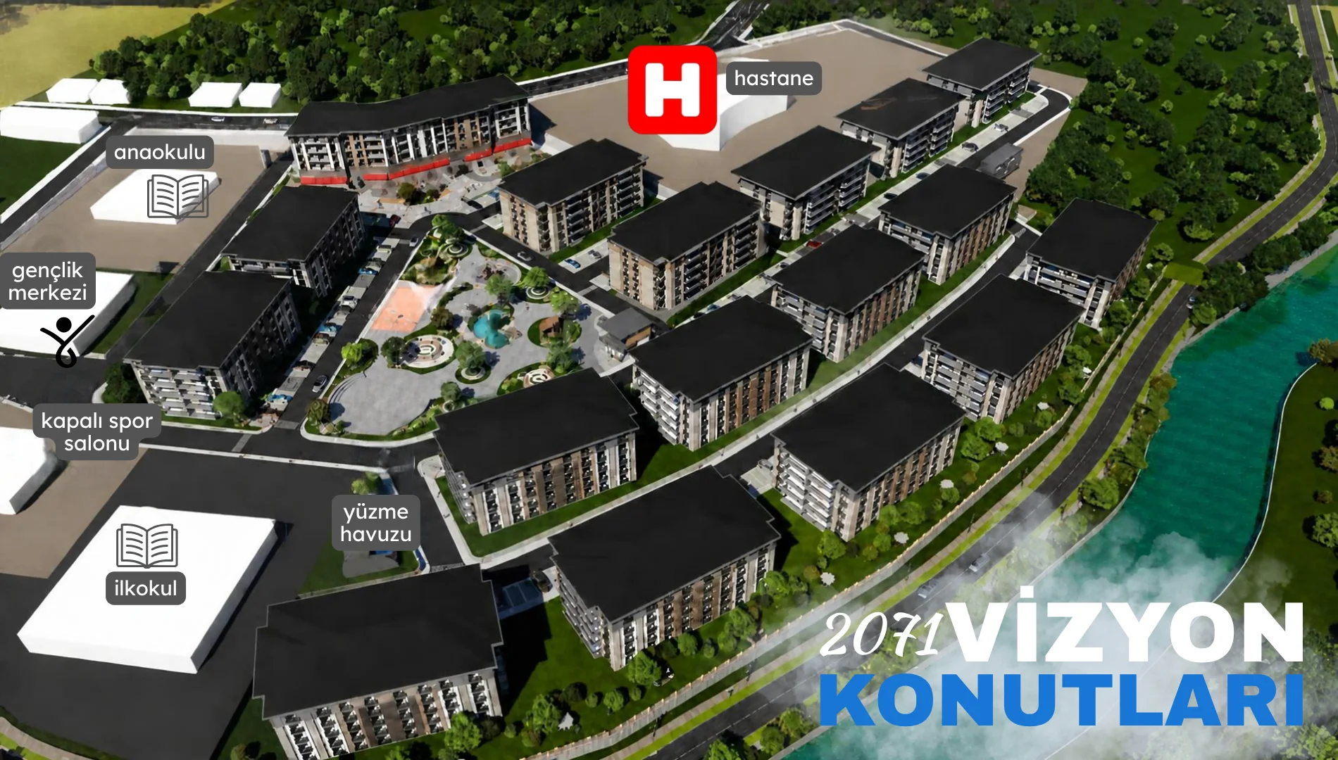 Vizyon Konutları vaziyet planı: bloklar, peyzajlı iç avlu ve havuz; çevrede hastane, anaokulu, ilkokul, gençlik merkezi, kapalı spor salonu ve yüzme havuzu.