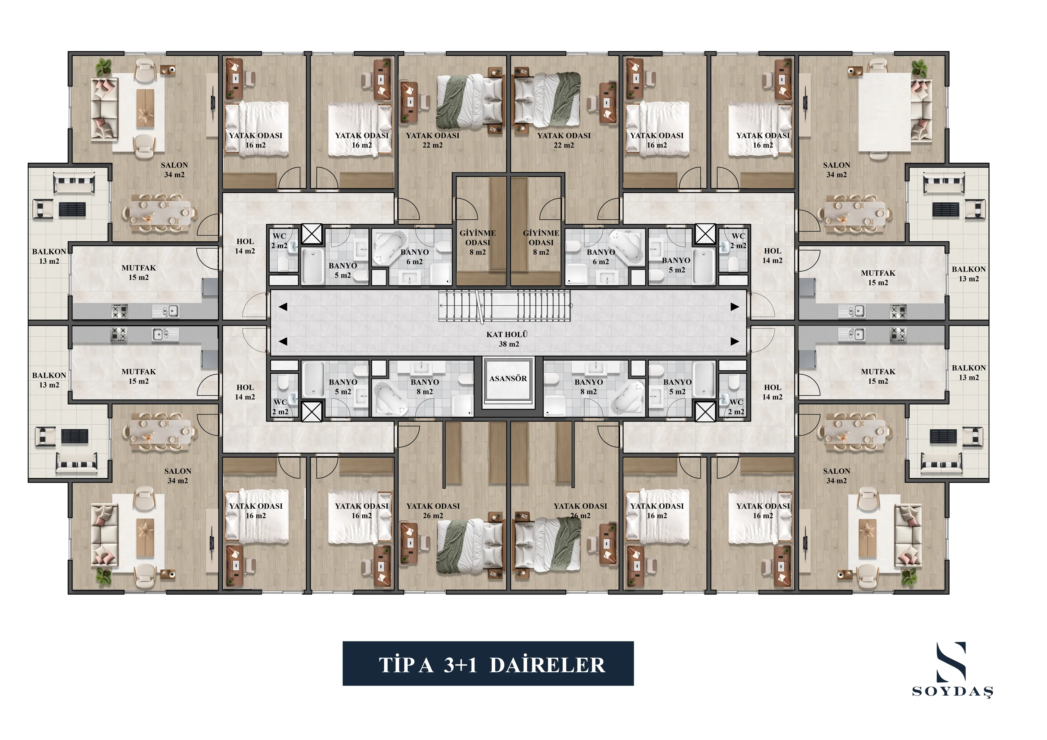 Tip A · 3+1 Daireler · Mobilyalı plan