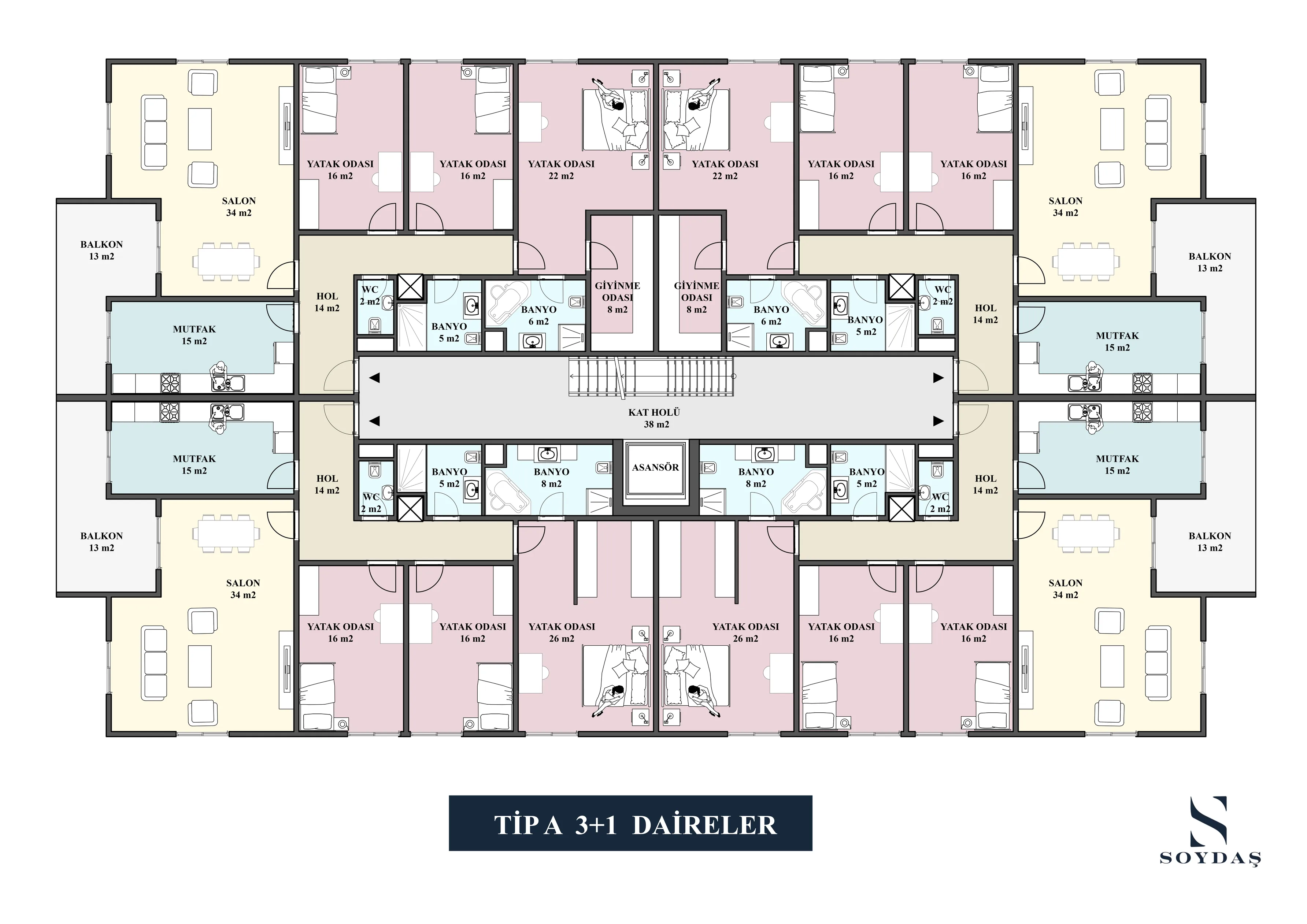 Tip A · 3+1 Daireler · Teknik plan
