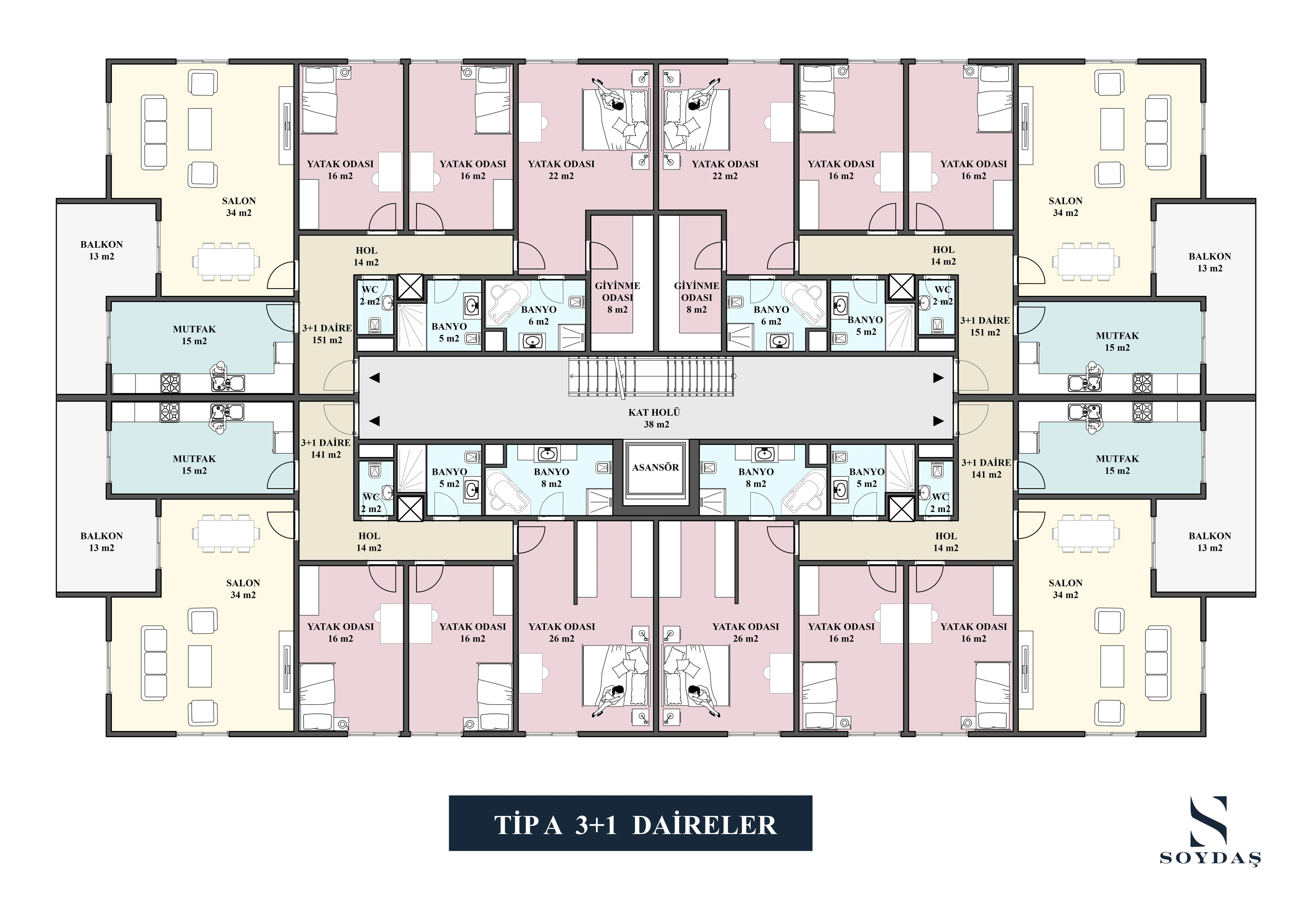 Tip A · 3+1 Daireler · Teknik plan
