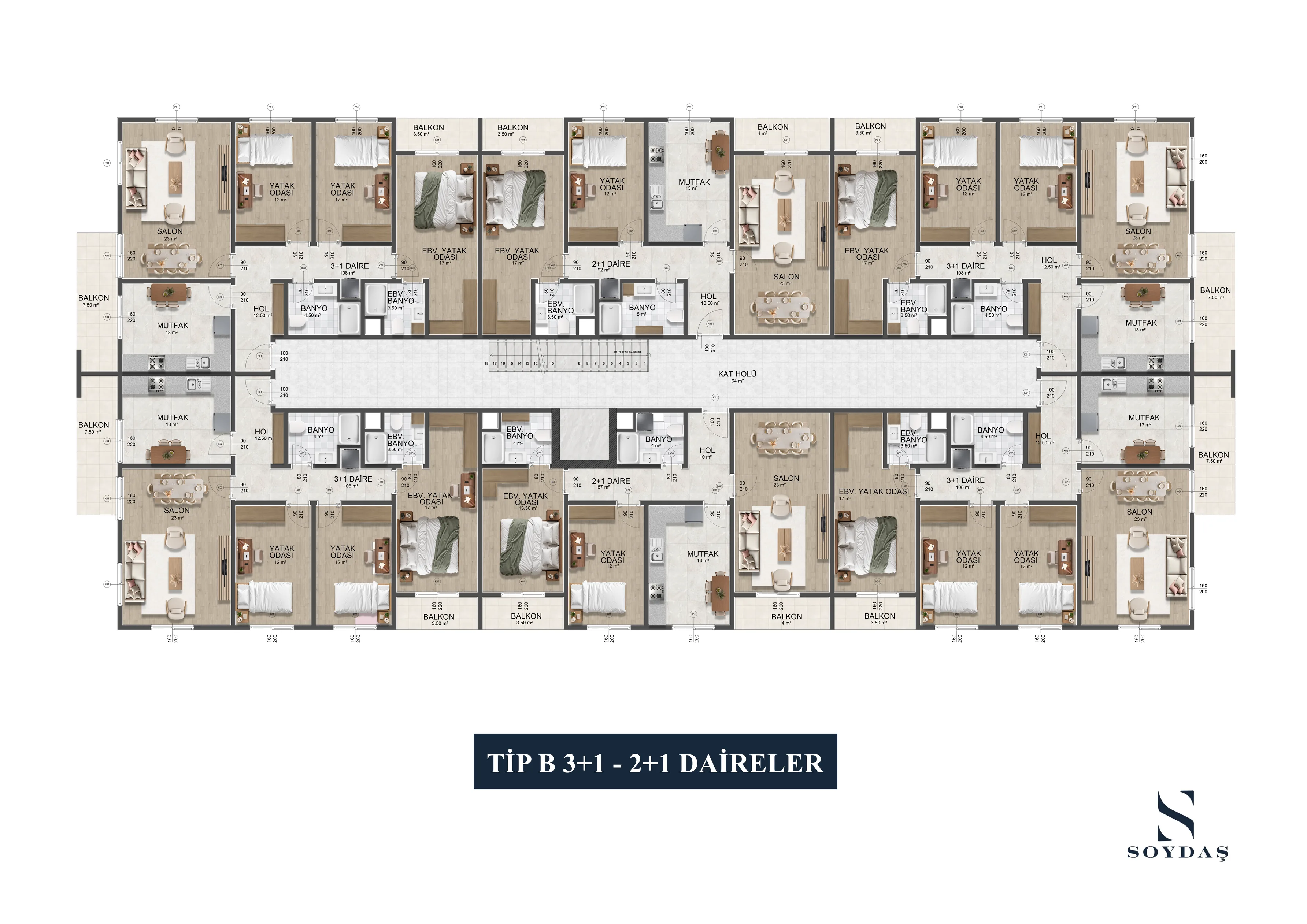 Tip B · 3+1 + 2+1 Daireler · Mobilyalı plan
