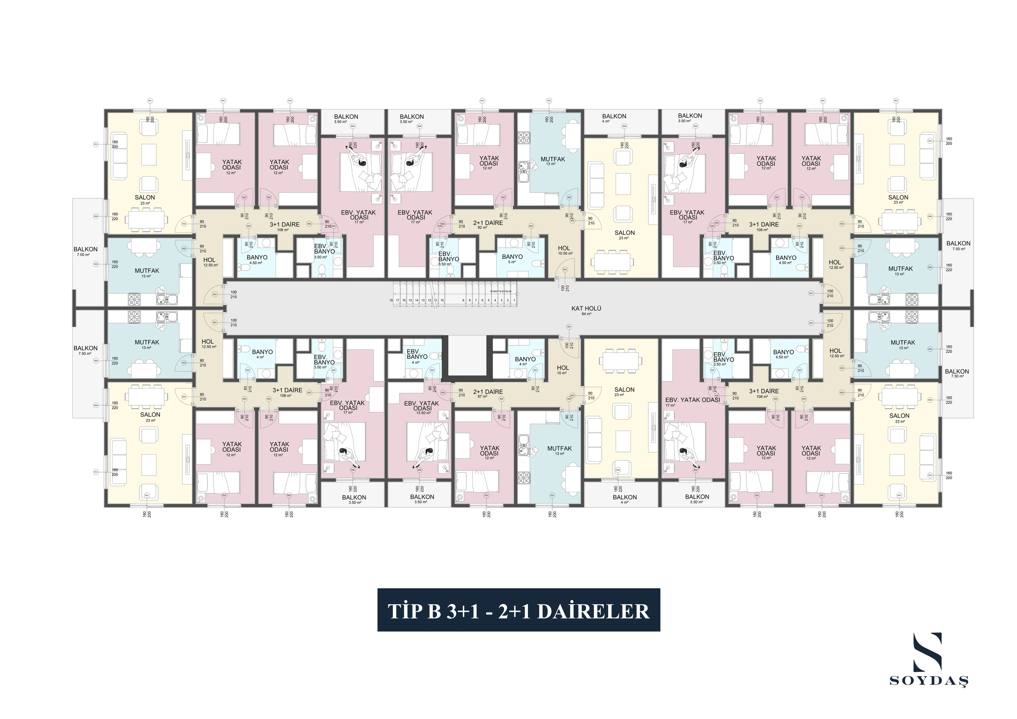 Tip B · 3+1 + 2+1 Daireler · Teknik plan