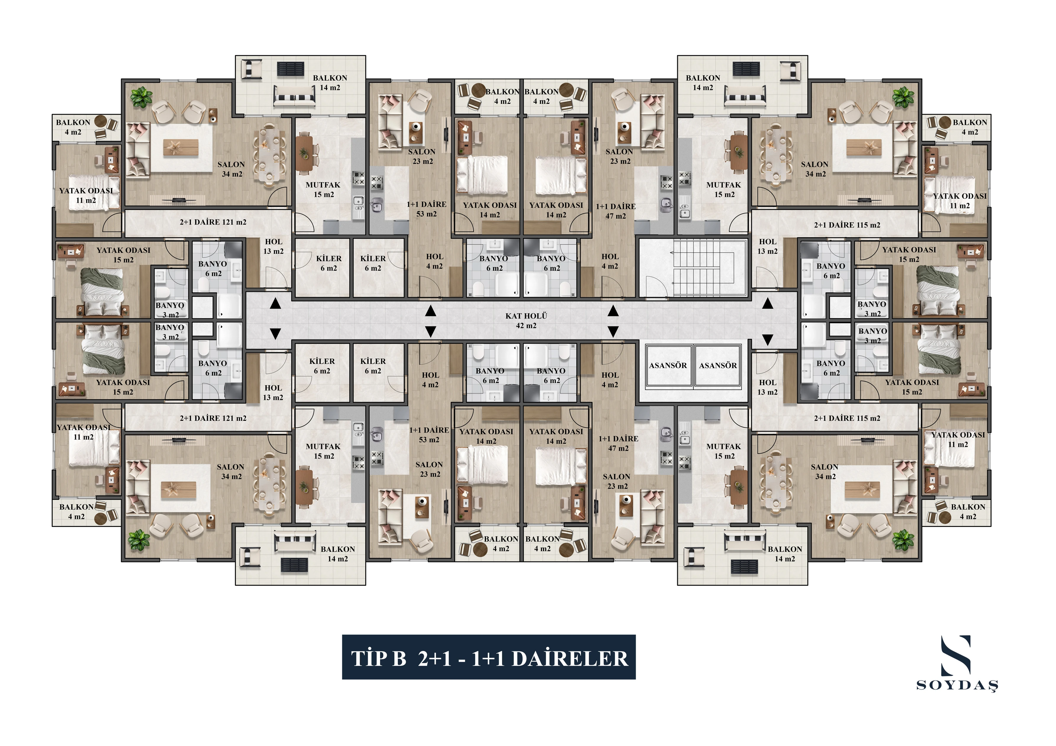 Tip B · 2+1 + 1+1 Daireler · Mobilyalı plan