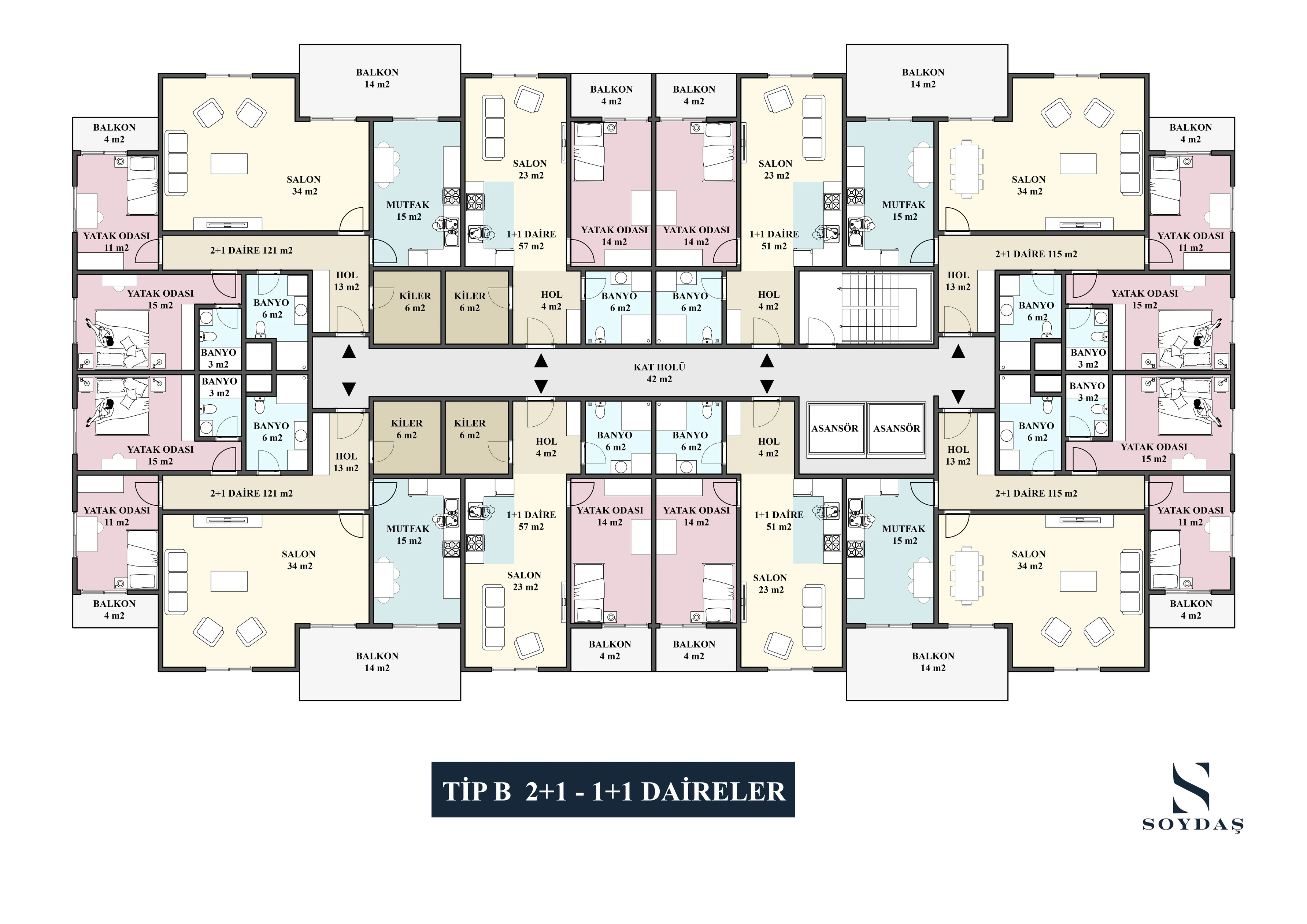 Tip B · 2+1 + 1+1 Daireler · Teknik plan