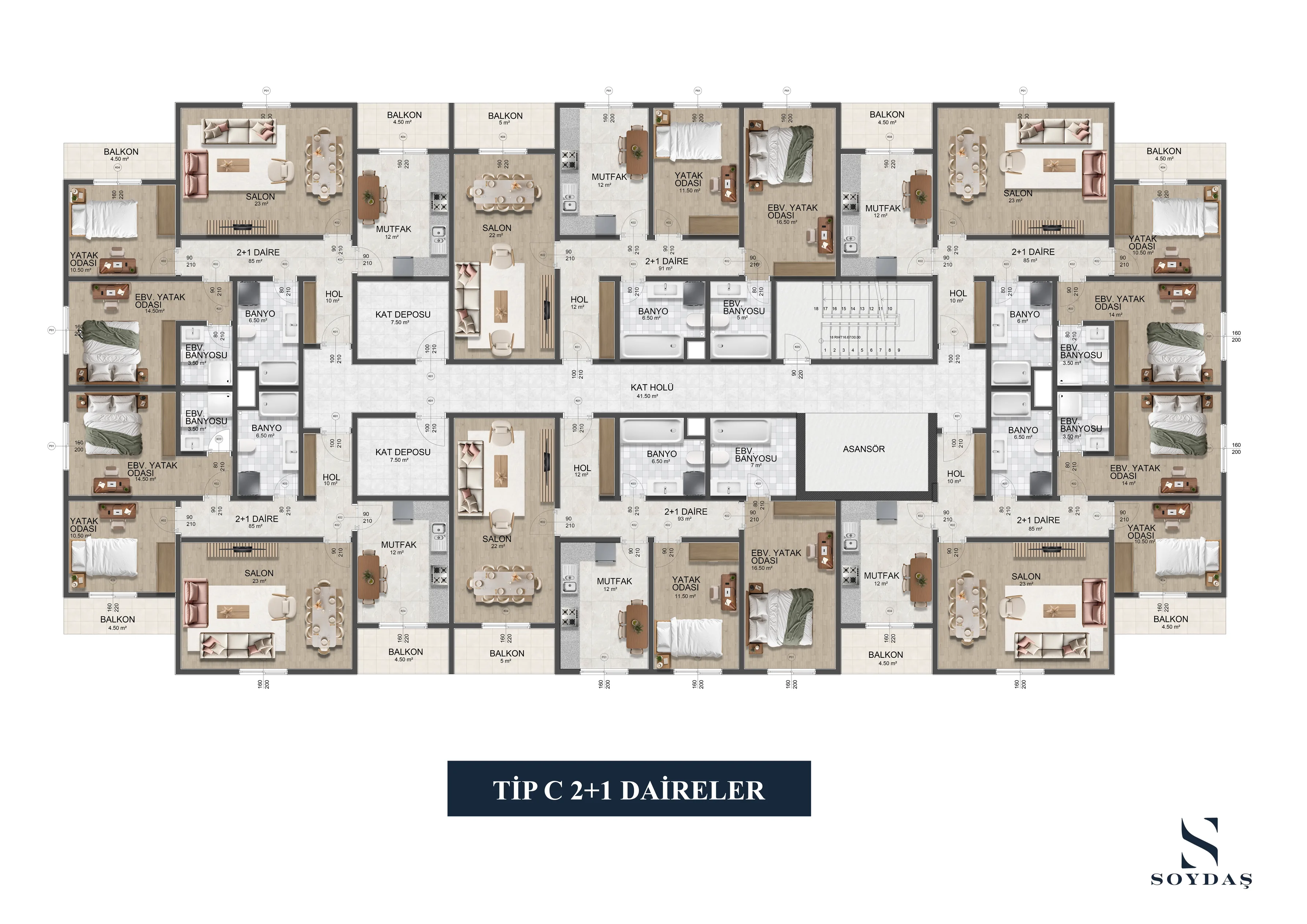 Tip C · 2+1 Daireler · Mobilyalı plan