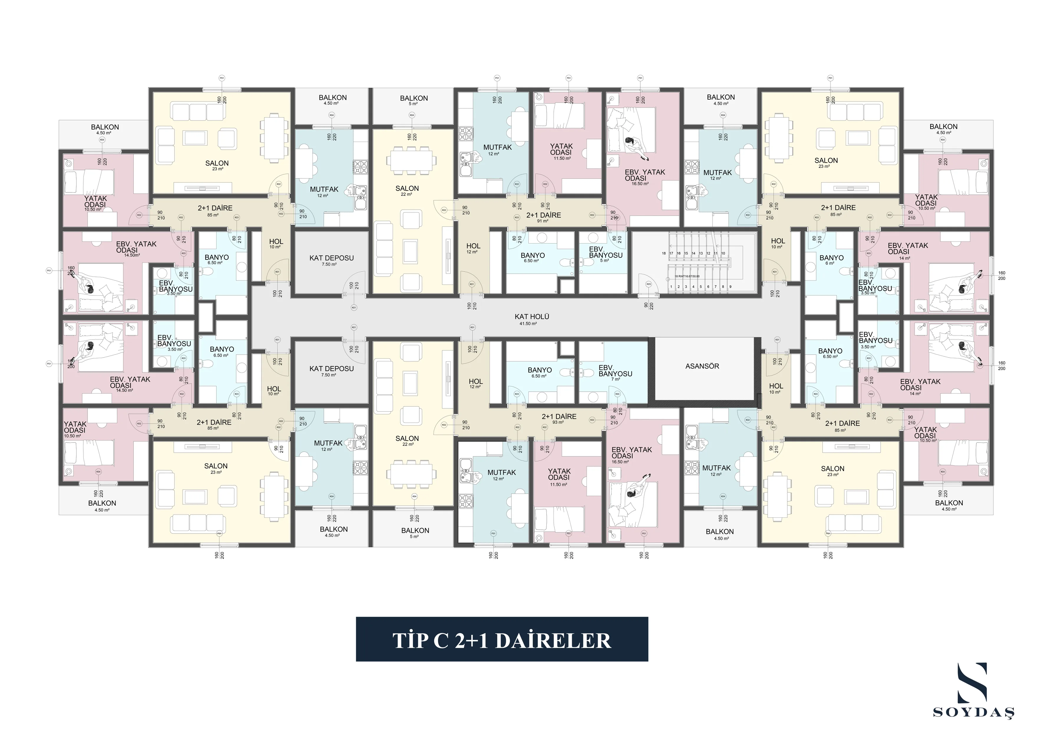 Tip C · 2+1 Daireler · Teknik plan