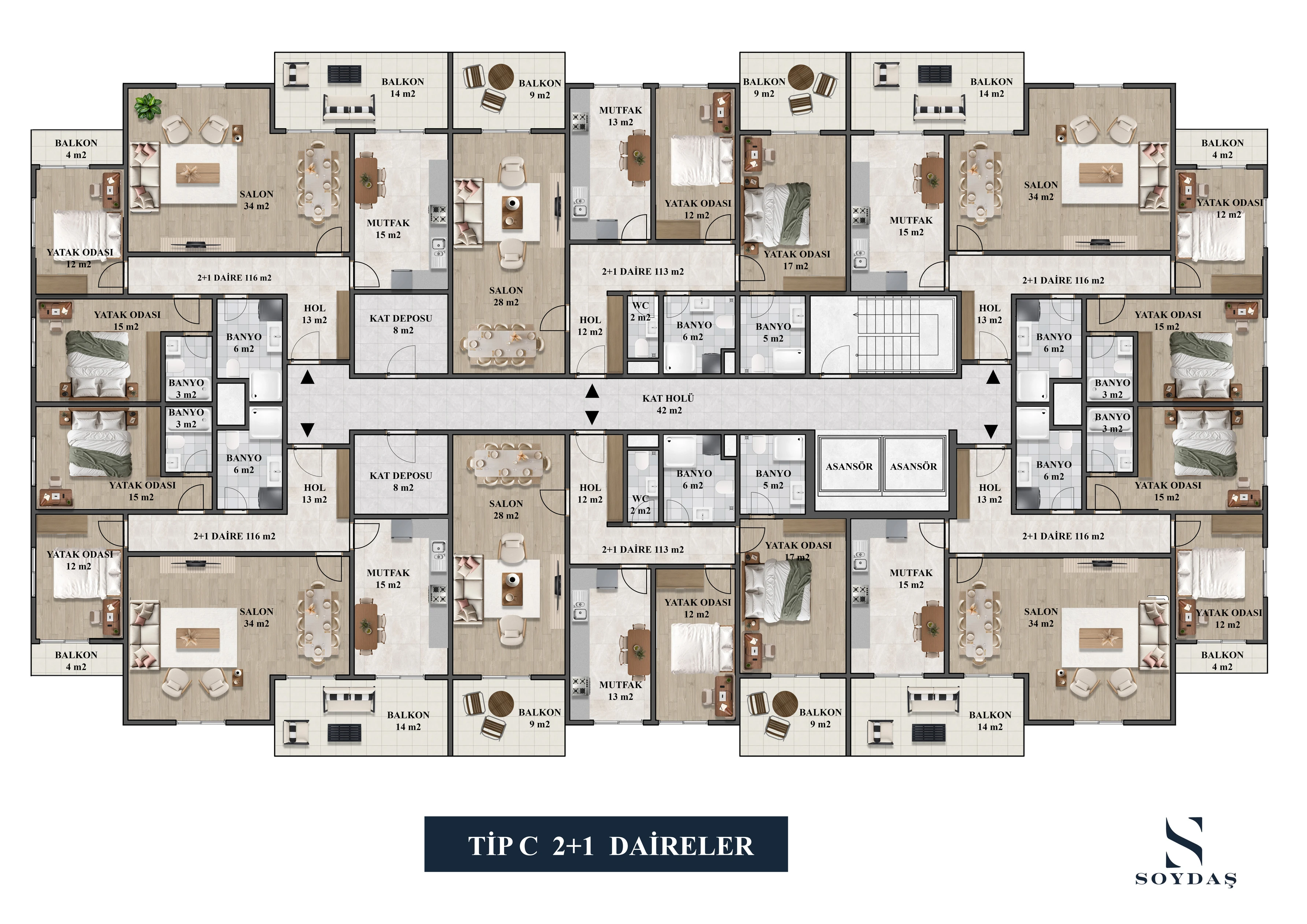 Tip C · 2+1 Daireler · Mobilyalı plan