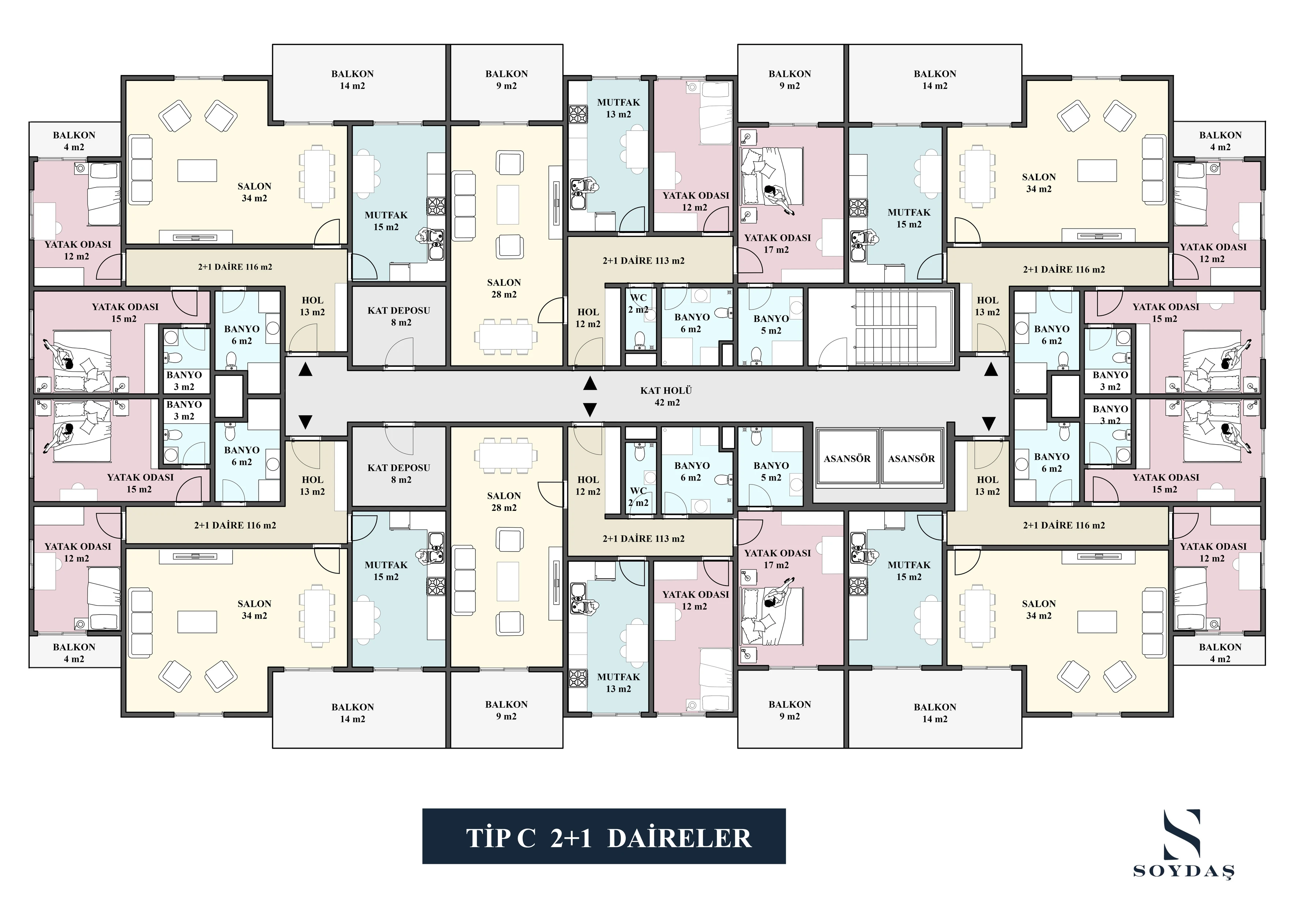 Tip C · 2+1 Daireler · Teknik plan