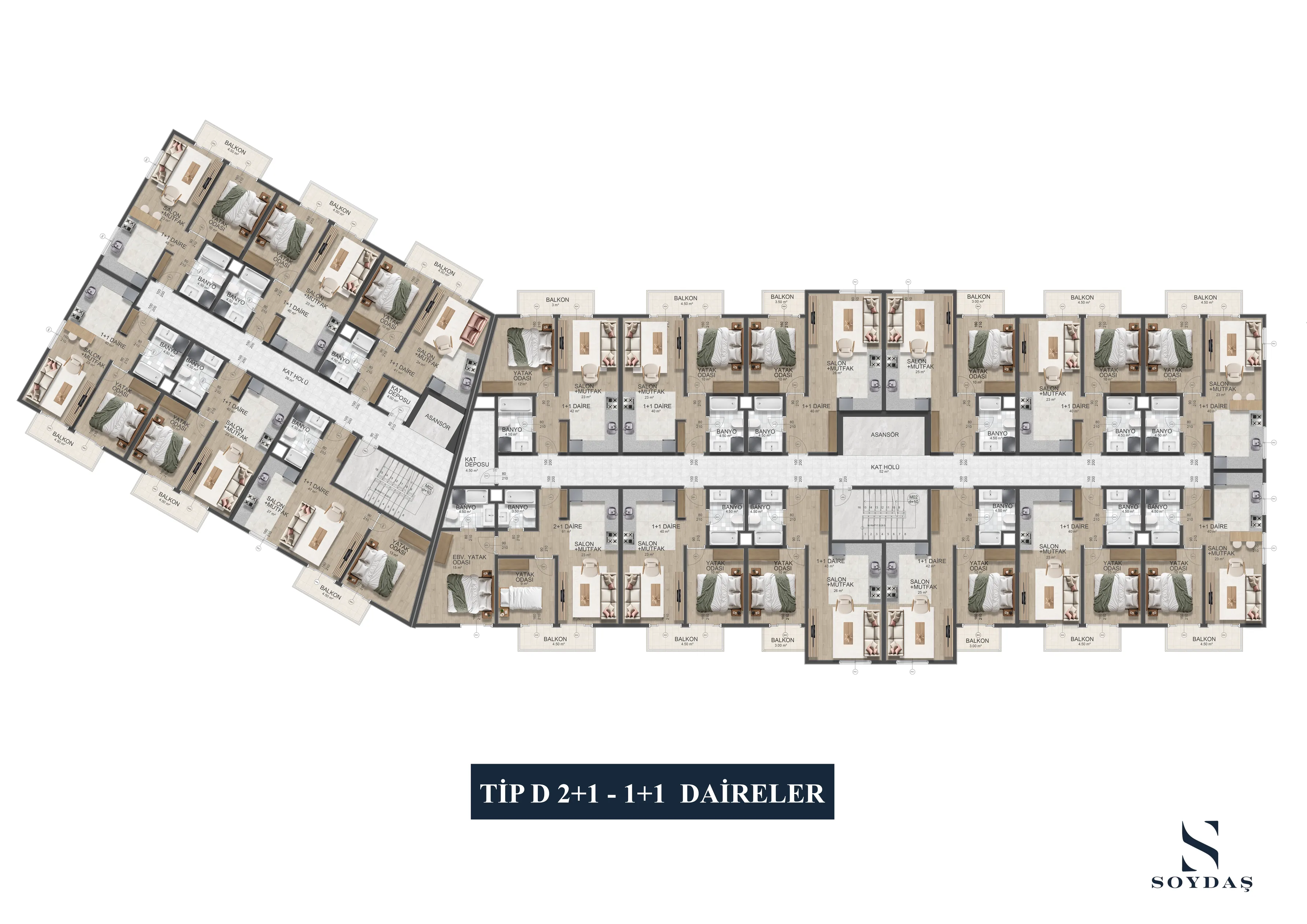 Tip D · 2+1 + 1+1 Daireler · Mobilyalı plan