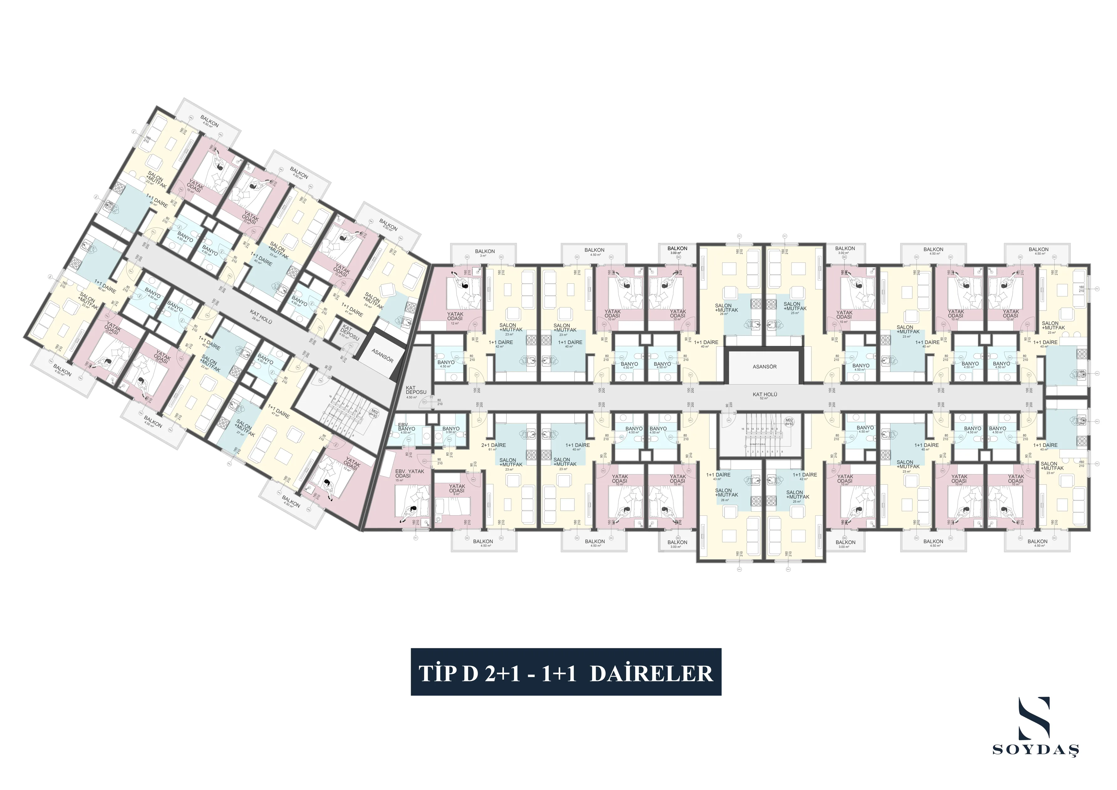 Tip D · 2+1 + 1+1 Daireler · Teknik plan