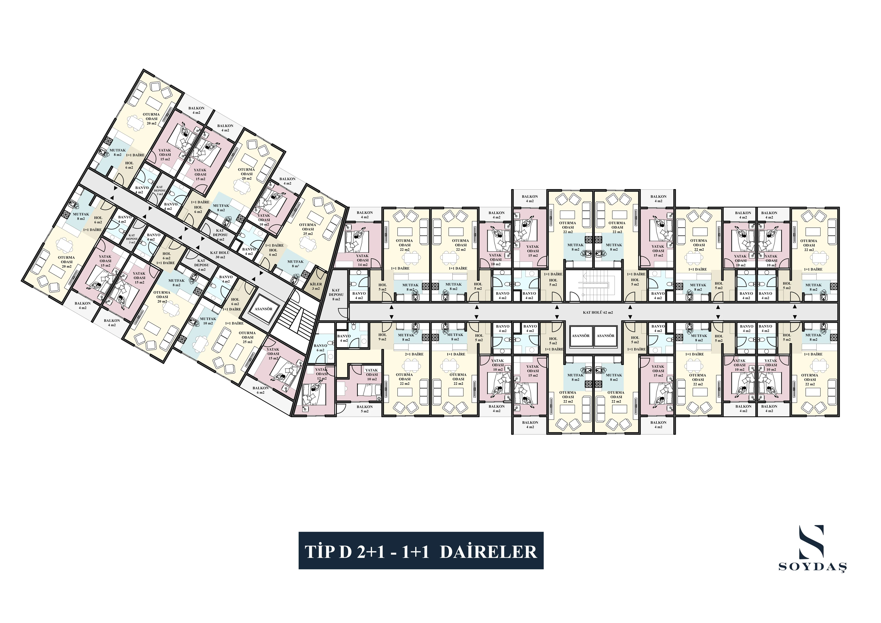 Tip D · 2+1 + 1+1 Daireler · Teknik plan